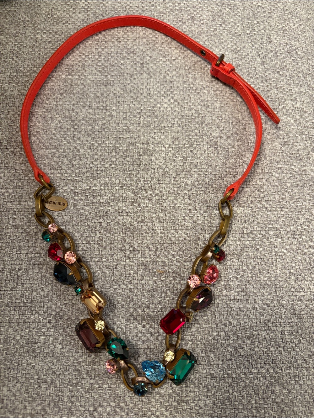 Miu Miu Multicolored Crystal Statement Necklace - leather Strap